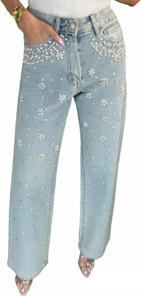Women's Rhinestone Jeans Baggy Y2K High Waisted Straight Wide Leg Pearl Sparkly Denim Pants Bling... | Amazon (US)