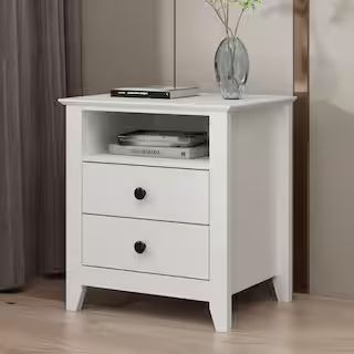 White Wooden Nightstand, Sidetable, End Table with 2 Drawers and Open Shelf, 19.7 L x 15.7 in. W ... | The Home Depot