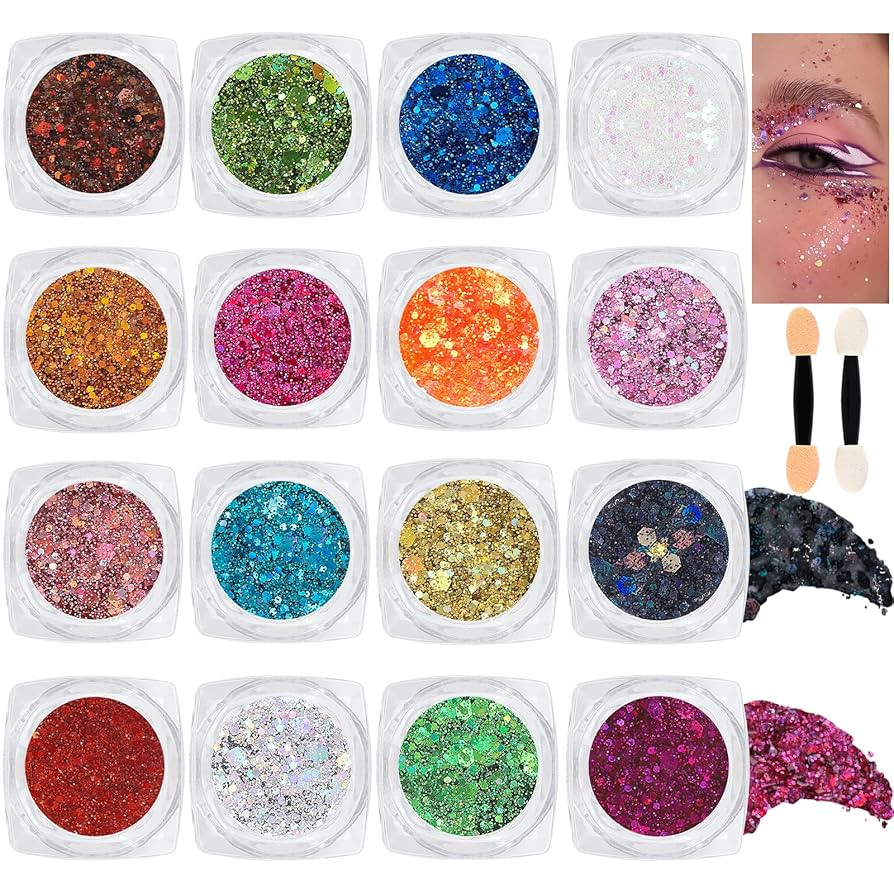 16 Colors Chunky Fine Mixed Holographic Glitter Gel Set for Face and Body Makeup Festival Party S... | Amazon (US)
