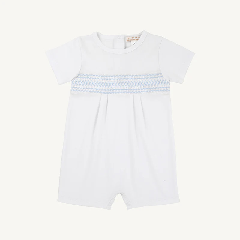 Sebastian Smocked Romper - Worth Avenue with Beale Street Blue with Sa | The Beaufort Bonnet Company