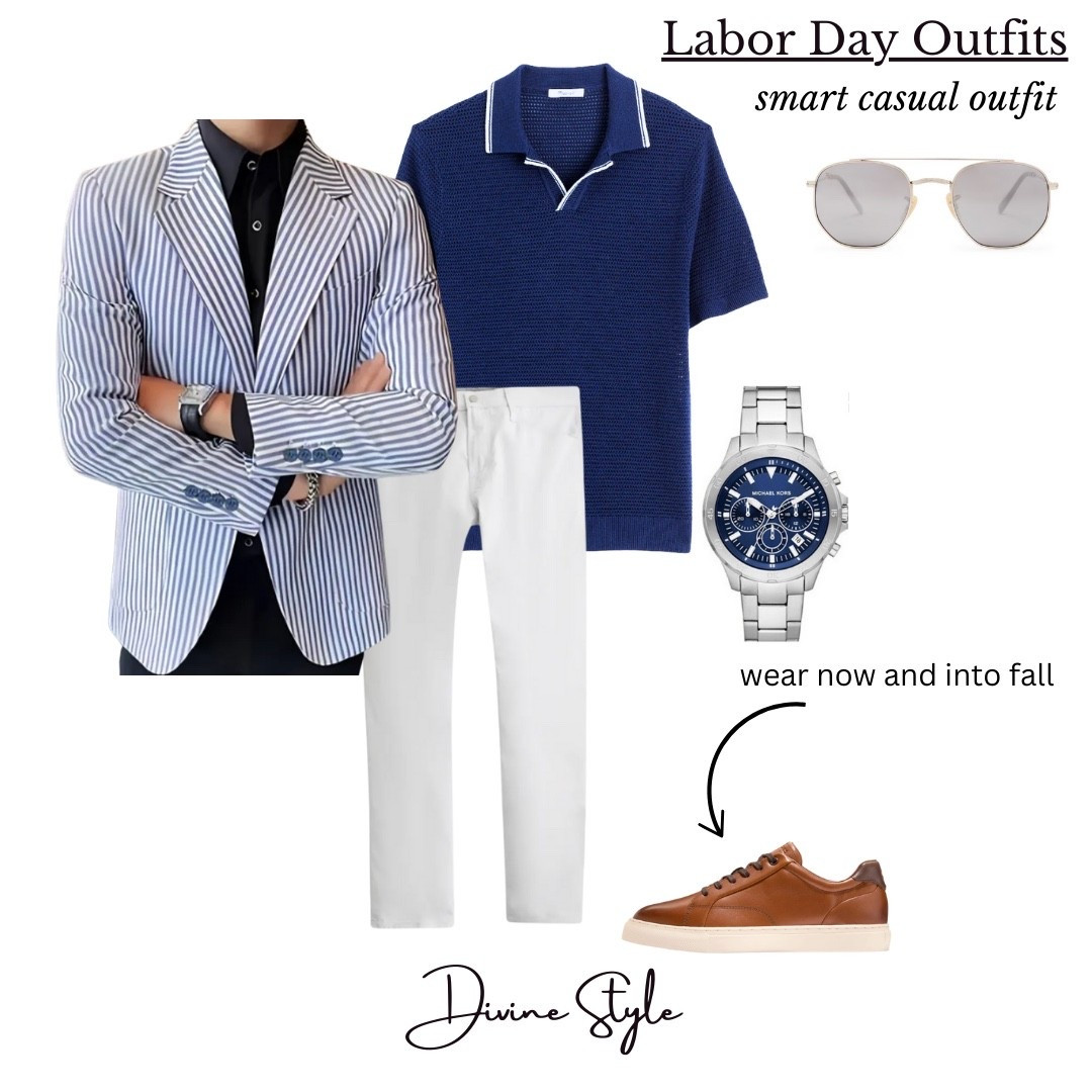 Men’s smart, casual or dressy elevated outfit. Slip into white jeans (this pair is our male styling client’s favorites), layering with a blue not polo shirt and striped blazer. Add leather sneakers or drivers, with a blue watch and sunglasses to accessorize it.

#LTKxMadewell #LTKMens #LTKShoeCrush