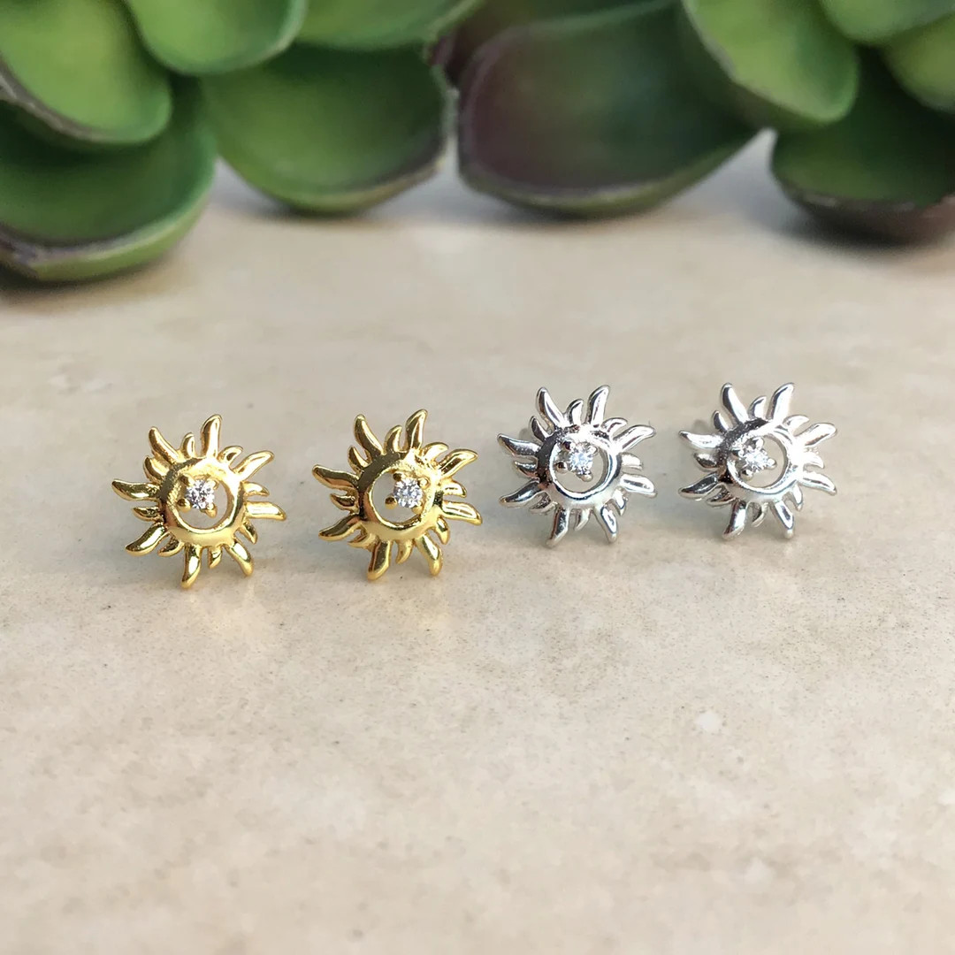 Sun stud earrings in Sterling Silver , Dainty studs, Sun earrings,Sun studs, Celestial jewelry, s... | Etsy (US)