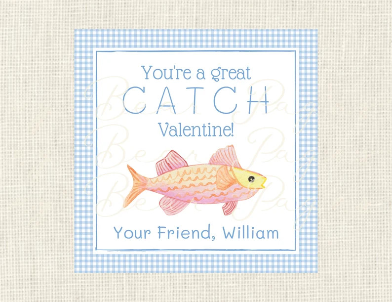 Valentine tags or stickers fishing, Class / Set of 25 / Watercolor | Etsy (US)