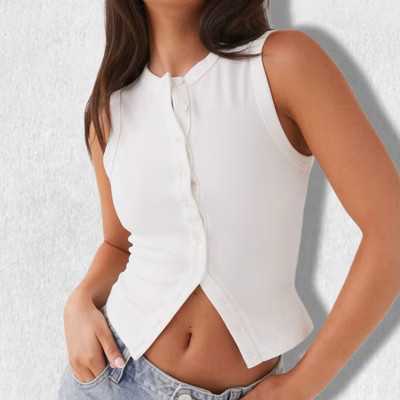 Women¡¯s Summer Ribbed Tank Top Corset Fit Crop Top with Button Detail White L | Target