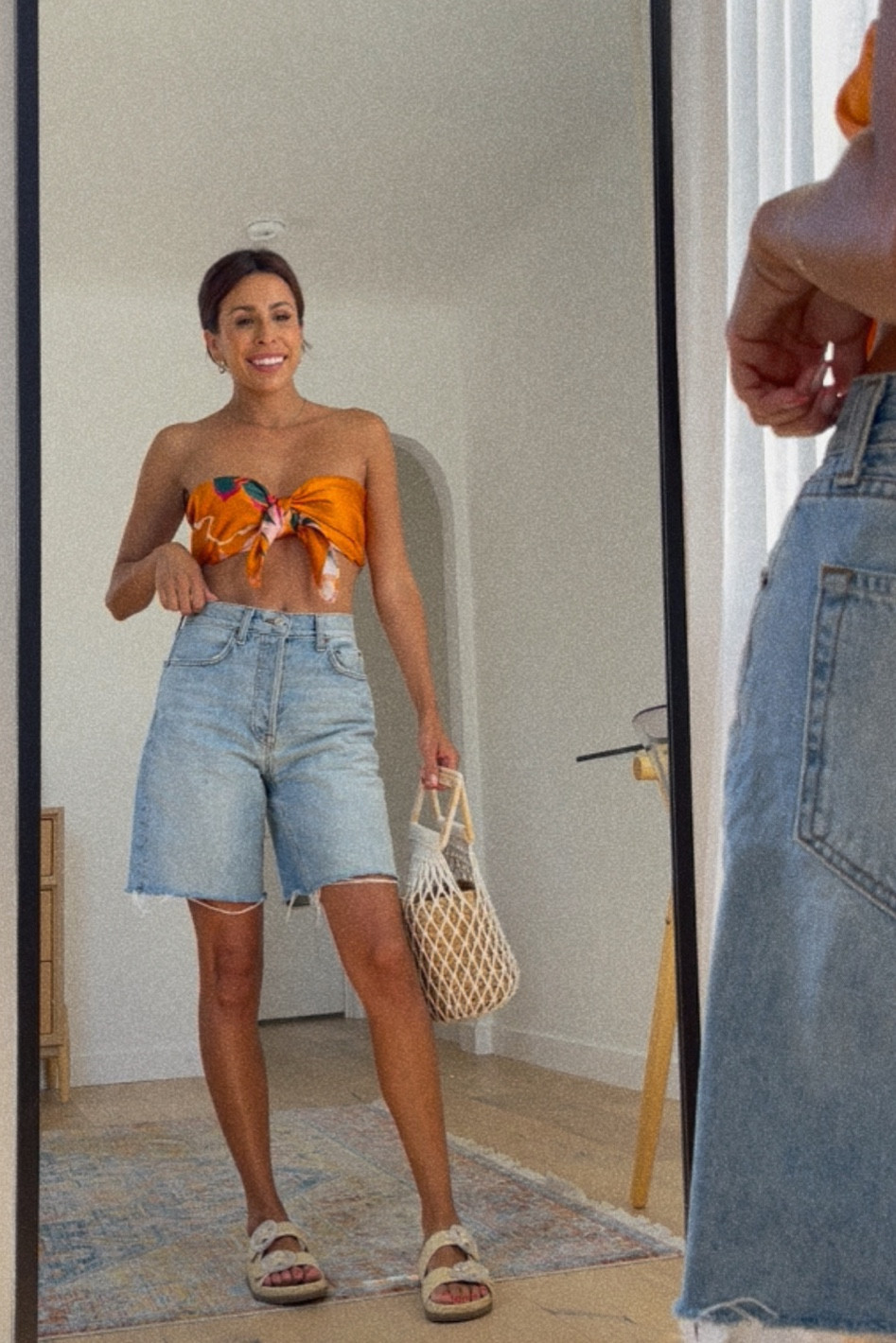 Longer length jean shorts are the new booty shorts. 🙌🏽 This reformation scarf can be tied so many ways - tutorials can be found on my IG! 

#LTKstyletip #LTKunder100 #LTKshoecrush