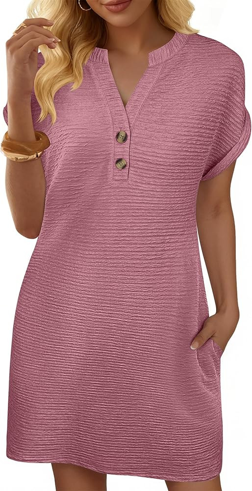 ANRABESS Womens Summer Dresses Casual Short Sleeve V Neck Textured Cute Mini Tshirt Dress 2026 Sp... | Amazon (US)