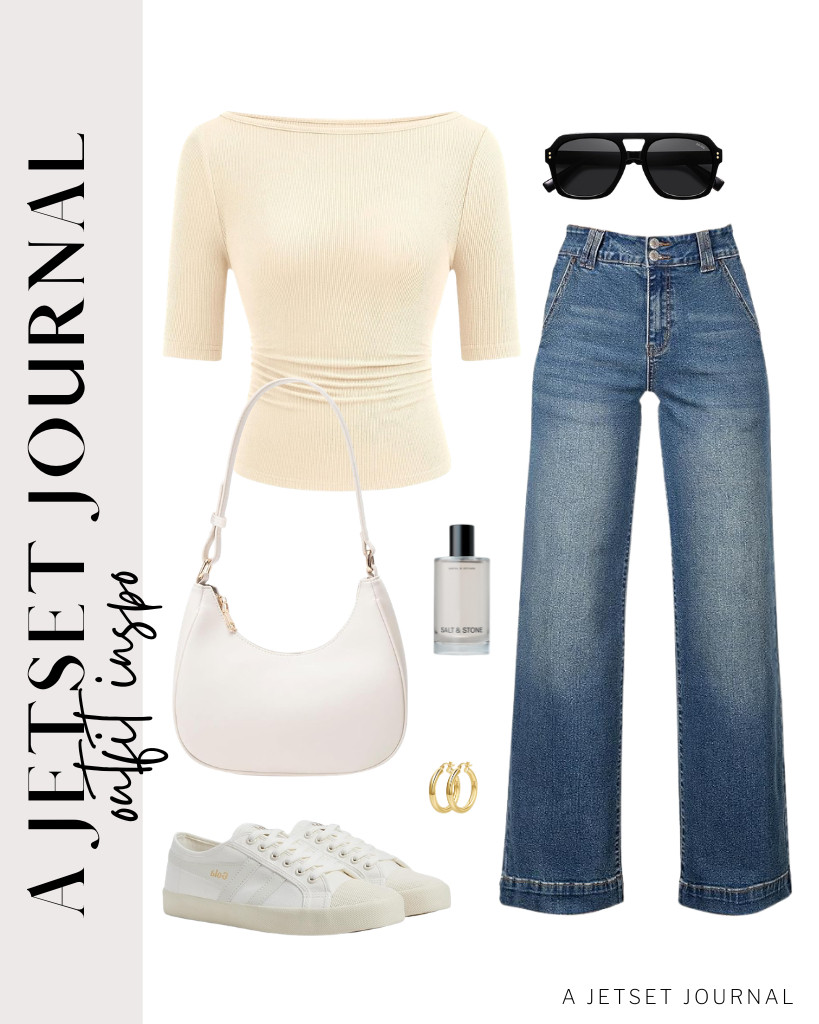 I'm absolutely in love with this ribbed boatneck top from PRETTYGARDEN! It looks great with my wide-leg denim. To complete the look, I chose a chic crescent-shoulder bag and comfy Gola fashion sneakers for an effortless vibe. 

 #LTKSeasonal #LTKSaleAlert #LTKTravel