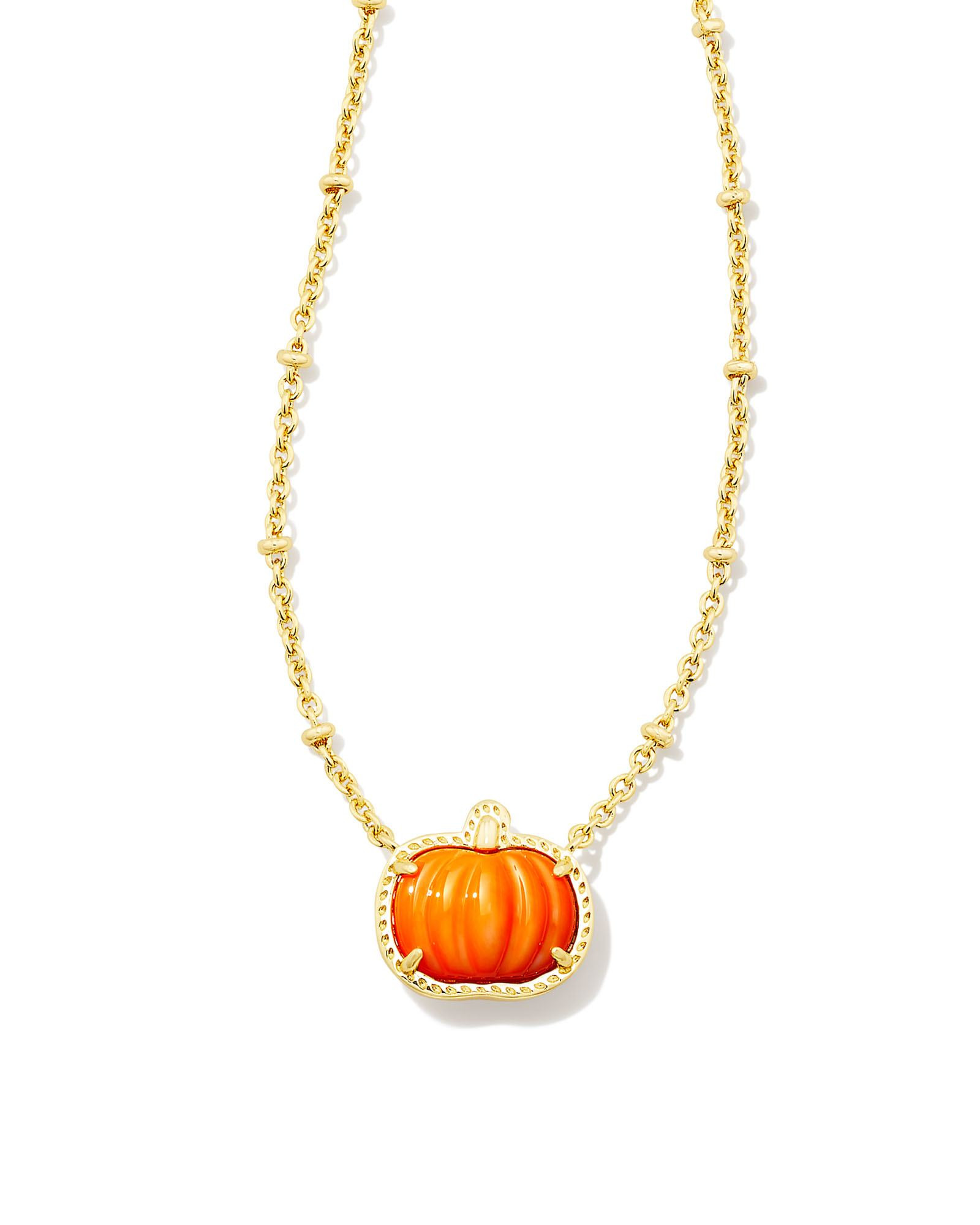 Kendra Scott Pumpkin Gold Short Pendant Necklace in Orange Mother-of-Pearl | Mother Of Pearl | Kendra Scott