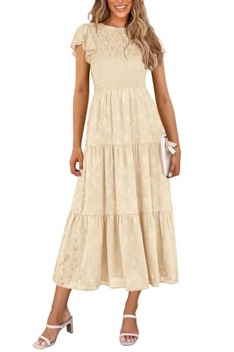 PRETTYGARDEN Midi Dresses for Women 2026 Summer Floral Cap Sleeve Smocked A Line Long Elegant Spring Wedding Guest Dress (Beige,Large) | Amazon (US)