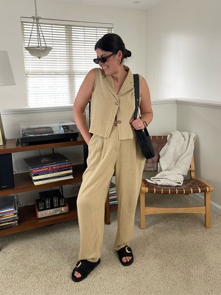 Vest and pant matching set (medium) | black bag | black sandals with gold accent (TTS) | black sunglasses | gold jewelry

Spring outfit, spring fashion, midsize outfit, brunch outfit, casual outfit 

#LTKfindsunder100 #LTKstyletip #LTKmidsize