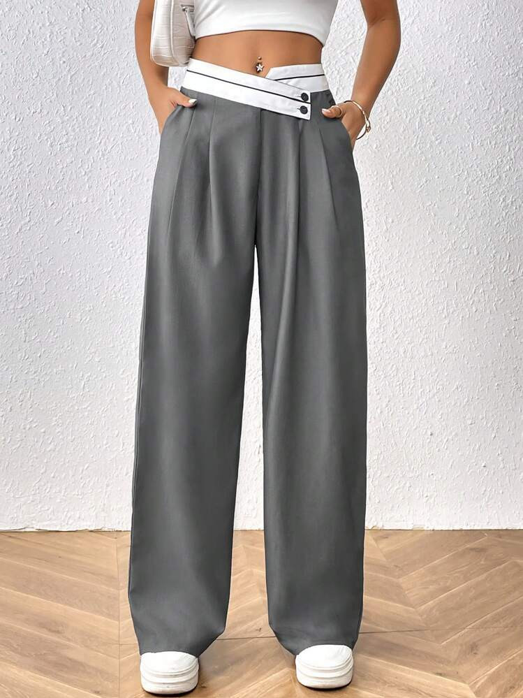 SHEIN Essnce High Waist Slant Pocket Straight Leg Dress Pants | SHEIN