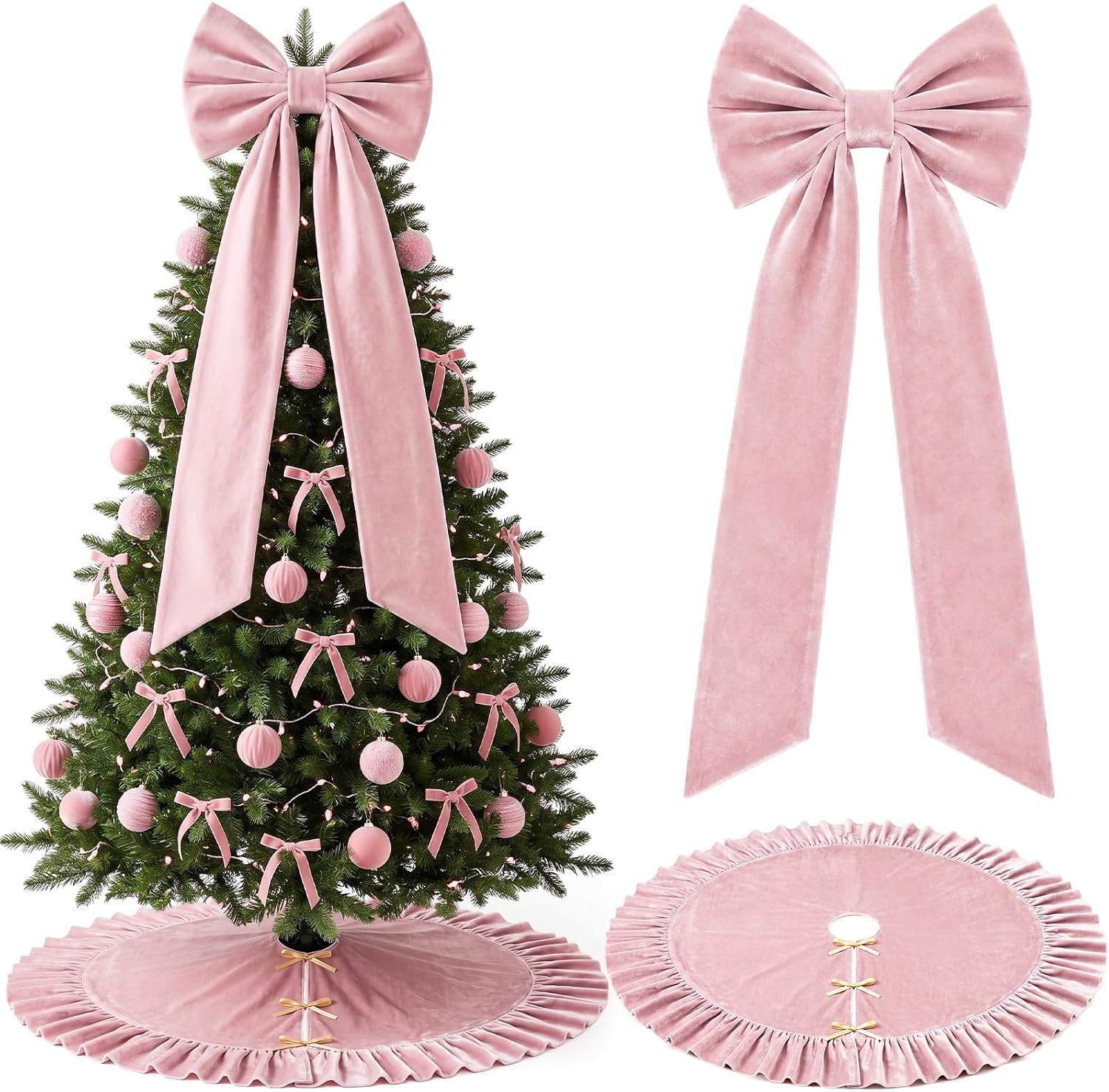 Pink Christmas Tree Skirt 48" Large Tree Topper Bow Decoration Set | Amazon (US)