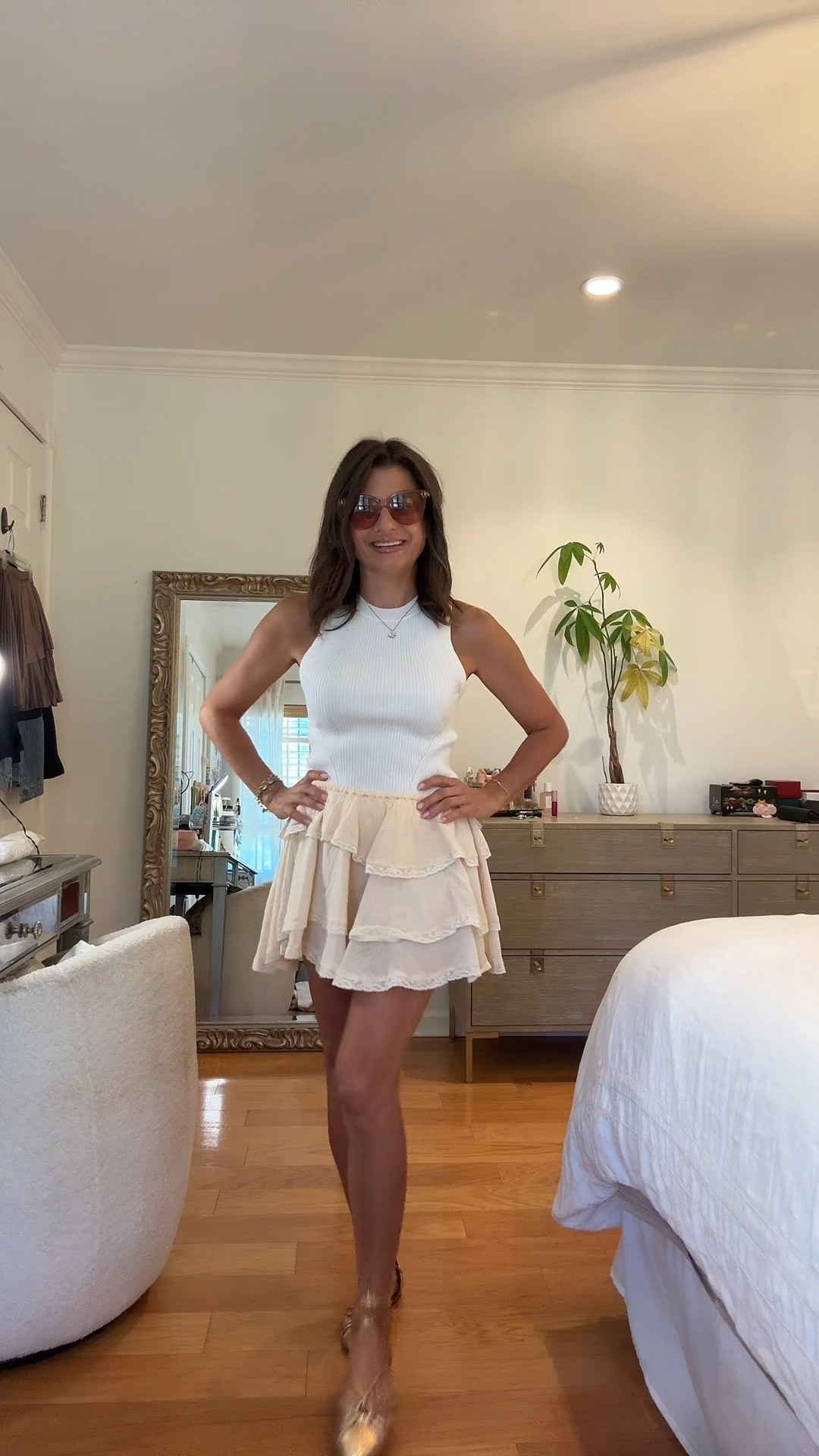 Grecian look gold sandals and a linen skirt