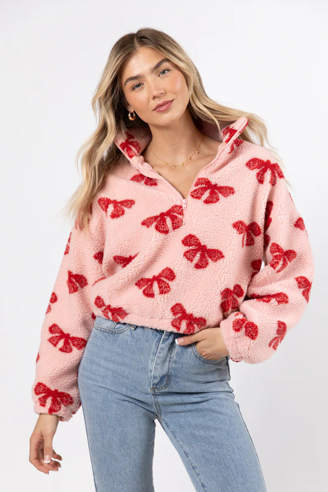 What Fun It Is Pink Bow Print Sherpa Pullover | Pink Lily