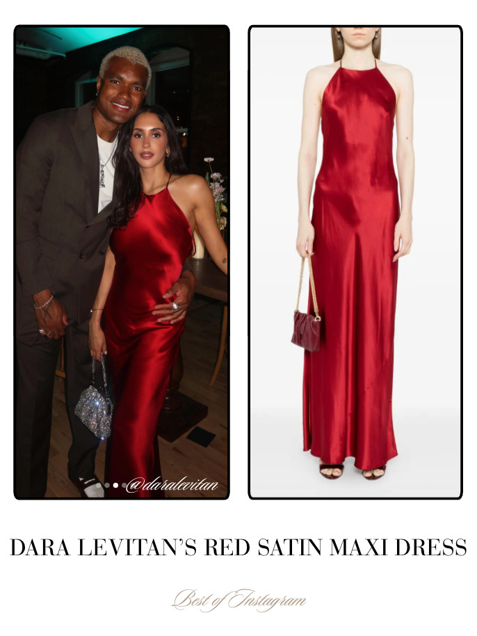 Dara Levitan's Red Satin Maxi Dress 📸=  @daralevitan 

 
