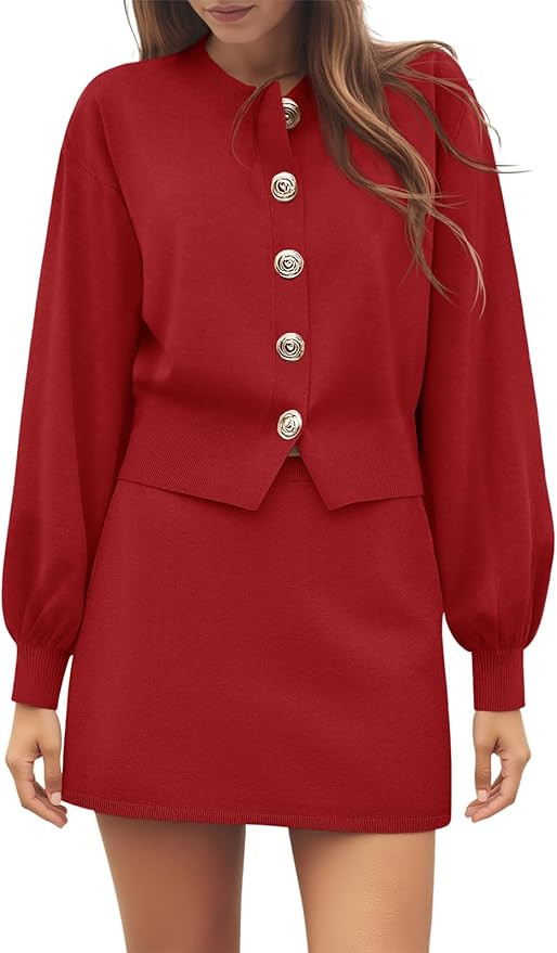 Tankaneo Womens Skirt 2 Piece Sweater Set Crewneck Button Up Cardigan Mini Skirt Trendy Casual Lo... | Amazon (US)