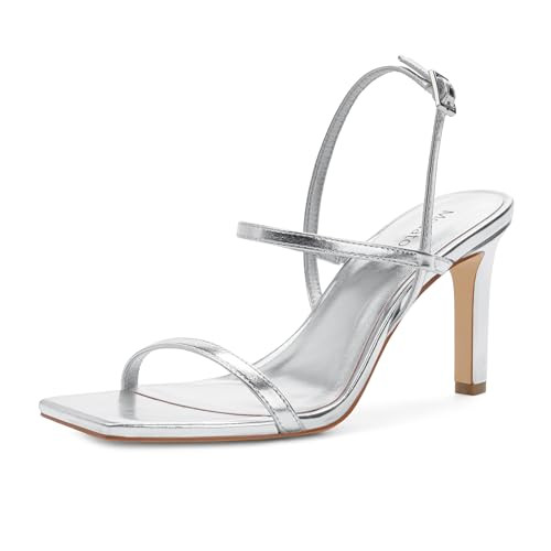 Modatope Womens Silver Sandals Heeled Strappy Sandals for Women High Heel Sandals Ankle Strap Open Toe Summer Sandals for Women Square Toe High Sandals Women Size 9.5 | Amazon (US)