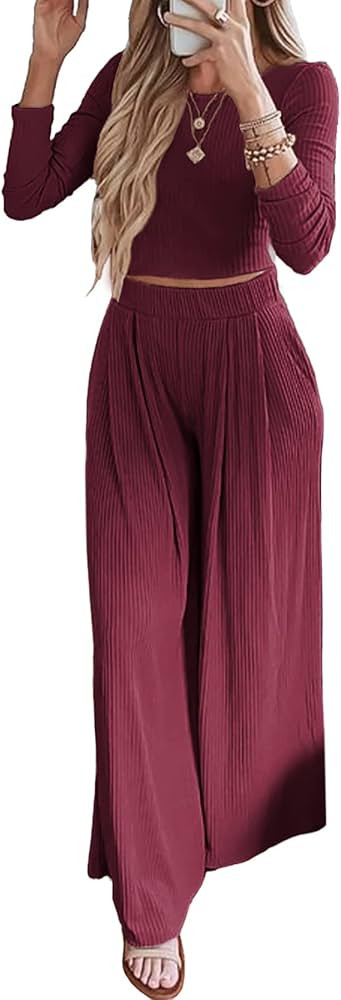 BTFBM Women's Two Piece Lounge Set Long Sleeve Bodycon Ribbed Knit Crop Top Loose Wide Leg Pant C... | Amazon (US)