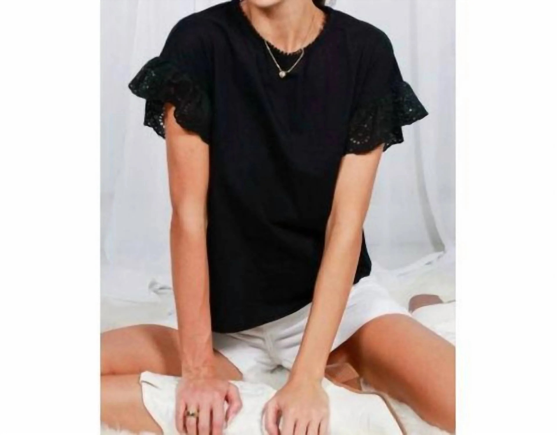Eyelet Sleeve Top In Black | Shop Simon