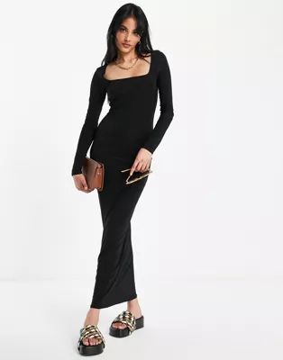 ASOS DESIGN square neck long sleeve slinky maxi dress in black | ASOS (Global)