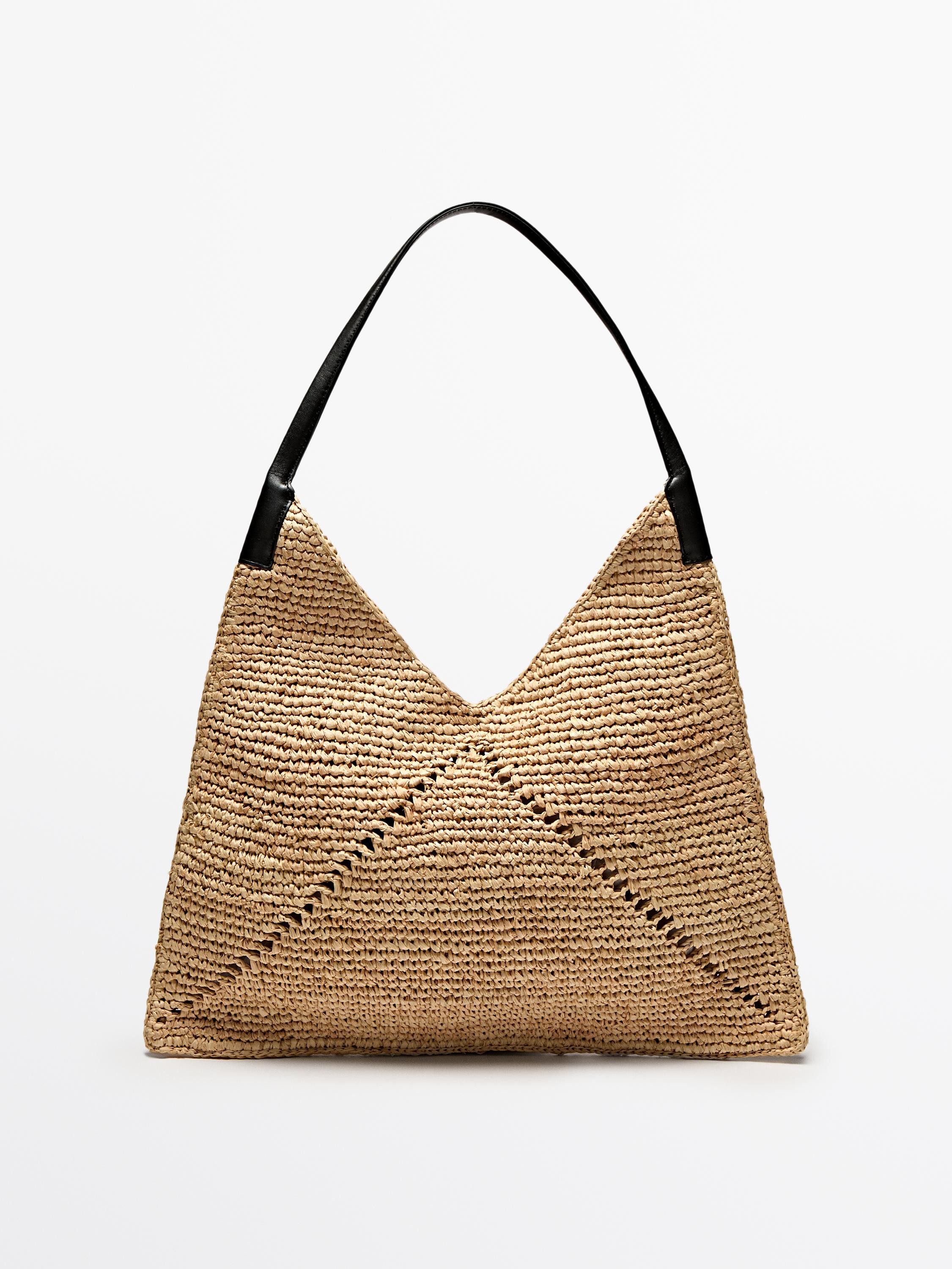 Raffia flat shopper bag with leather handle | Massimo Dutti UK