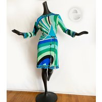 Rare Mod Vintage 60S Emilio Pucci Dress + Beaded Tassel Tie Belt Mini Silk Jersey Blue Green Genuine | Etsy (US)