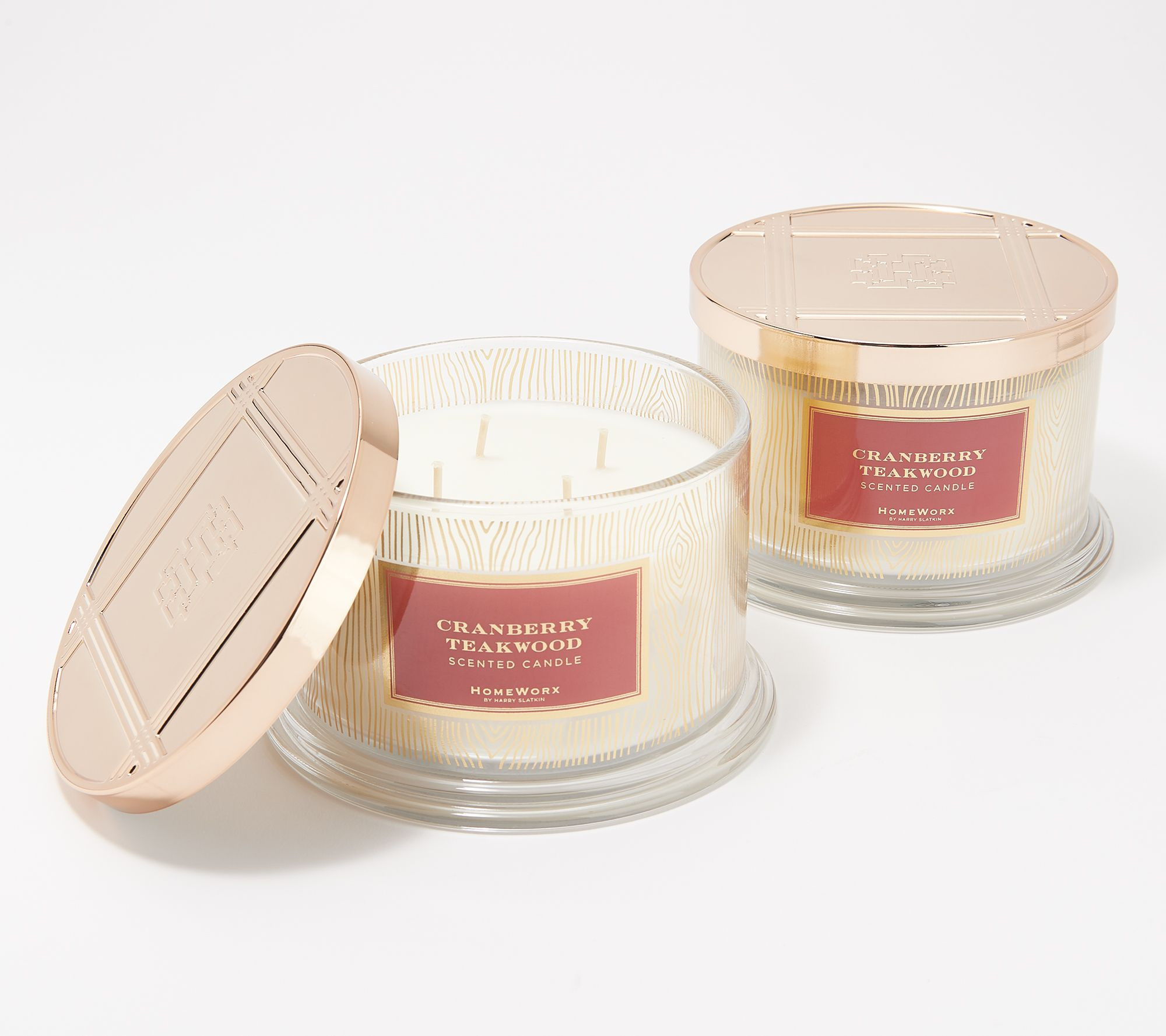 HomeWorx by Harry Slatkin S/2 Cranberry Teakwood Deluxe 4-Wick Candles | QVC