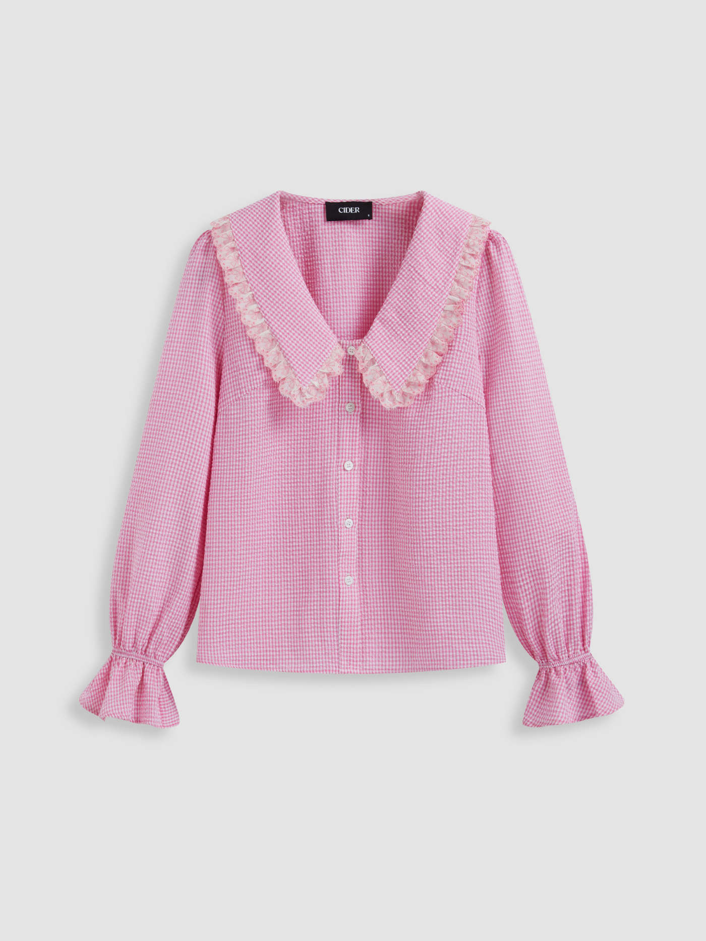 Cotton-blend Peter Pan Collar Check Broderie Anglaise Trim Blouse | Cider