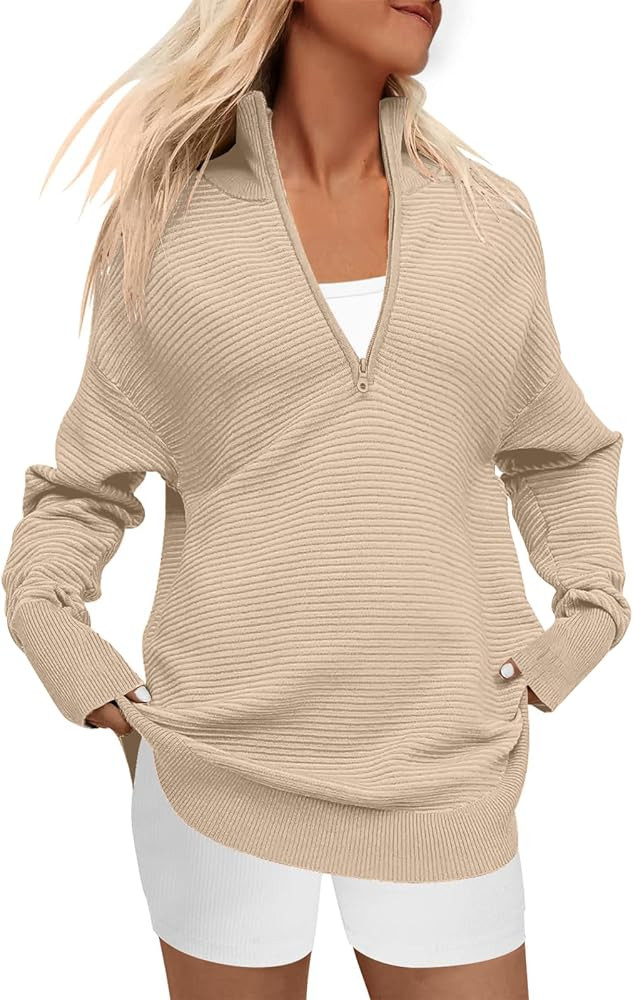 DEEP SELF Fall Women V Neck 1/4 Zip Pullover Stretch Sweater Long Sleeve Stand Collared Ribbed Kn... | Amazon (US)
