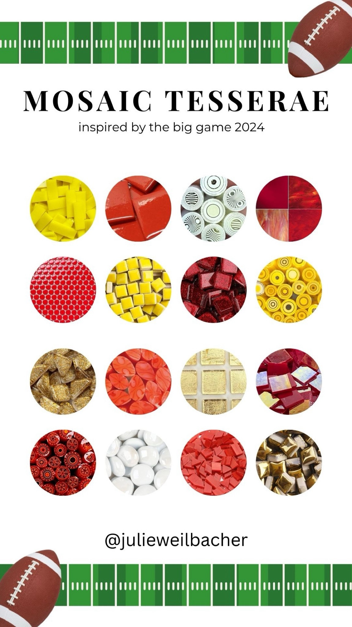 Sharing some mosaic tesserae in honor of the upcoming BIG GAME! 🏈 Even team colors can inspire the color pairings in our mosaic work. 🏈 This tesserae inspo includes stained glass, penny tile, glass rods, glitter glass tile, ceramic mosaic tile, glass gems, and glass tile. 🏈 For mosaic tips, tutorials, inspiration, and so much more please visit my YouTube channel: YouTube.com/julieweilbacher. 🏈 Follow @julieweilbacher on Instagram for all things mosaic art. NFL - Super Bowl - mosaic - glass tile - ceramic tile - mosaics - crafts night in - stained glass - glass crafts - penny tile - Kansas City Chiefs - San Francisco 49ers

#LTKhome #LTKfindsunder50