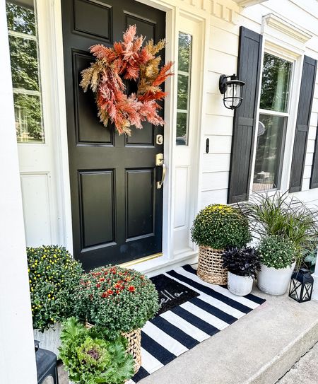 Adding color and contrast to my front porch this fall with pretty mums, ornamental grass and decorative leafy peppers and kale. It’s black and white and the perfect pops of fall flowers! 🖤🤍

#LTKHoliday #LTKSeasonal #LTKhome