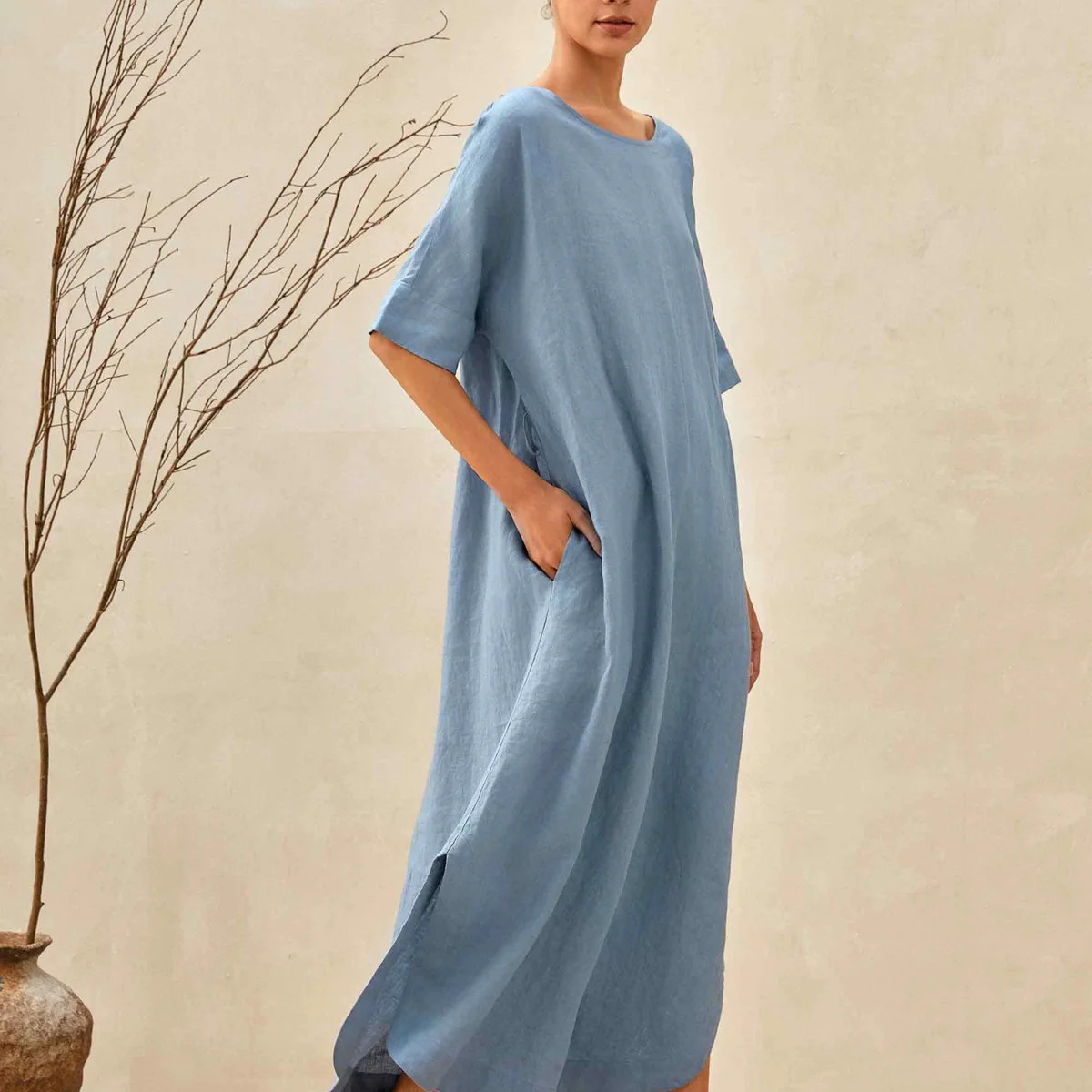 100% Linen Loose Fit Kimono Maxi Dress MADDIE | LINTICO