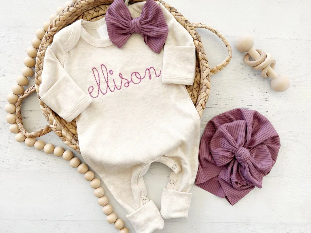 Personalized Oatmeal and Vintage Mauve Romper With Bow or - Etsy | Etsy (US)