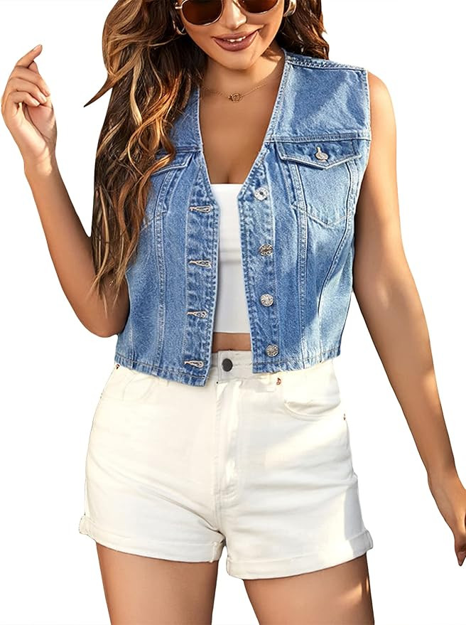 Floerns Women's Button Front Sleeveless Denim Vest Jacket Flap Pockets | Amazon (US)