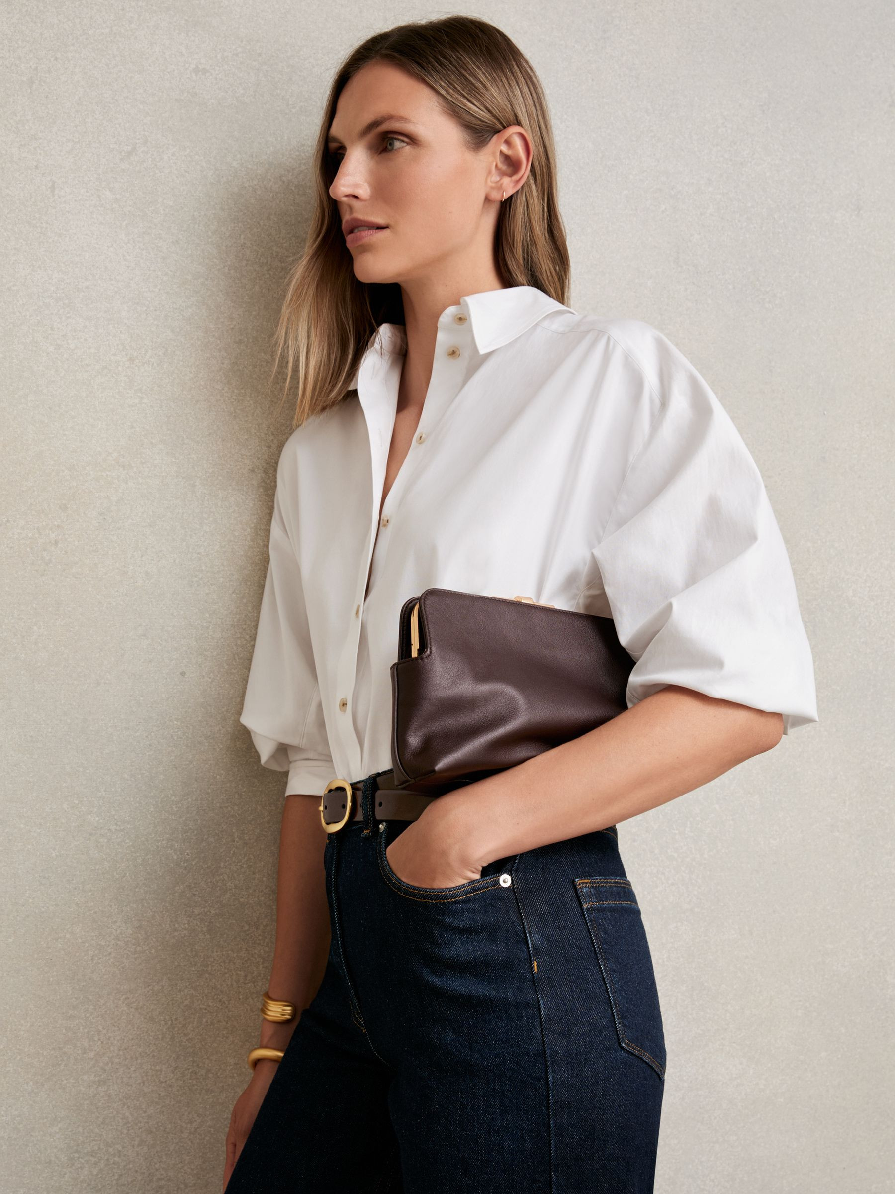 Leather Frame Clutch Bag in Burgundy | Reiss UK