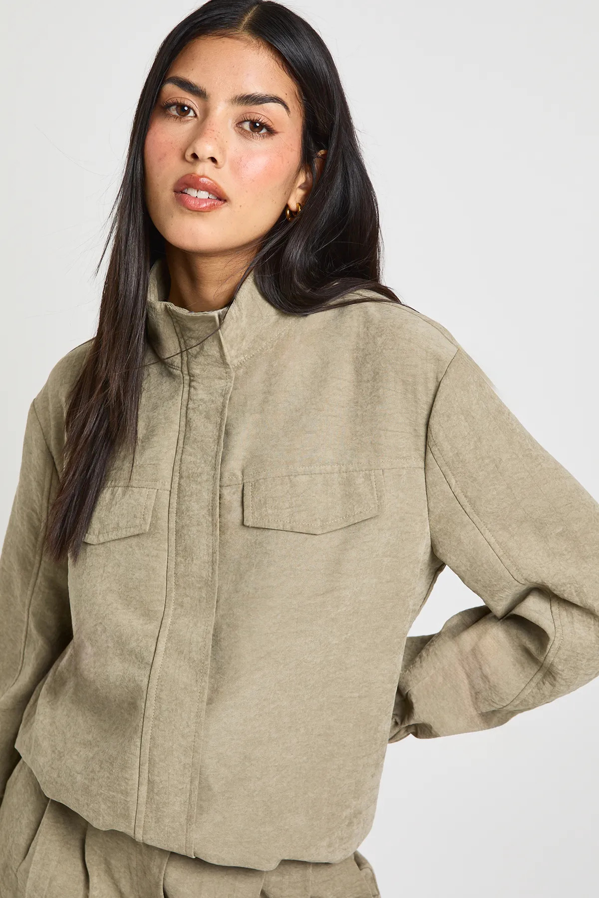Khaki Peached Funnel Neck Tracksuit Top | Boohoo | Boohoo.com (UK & IE)