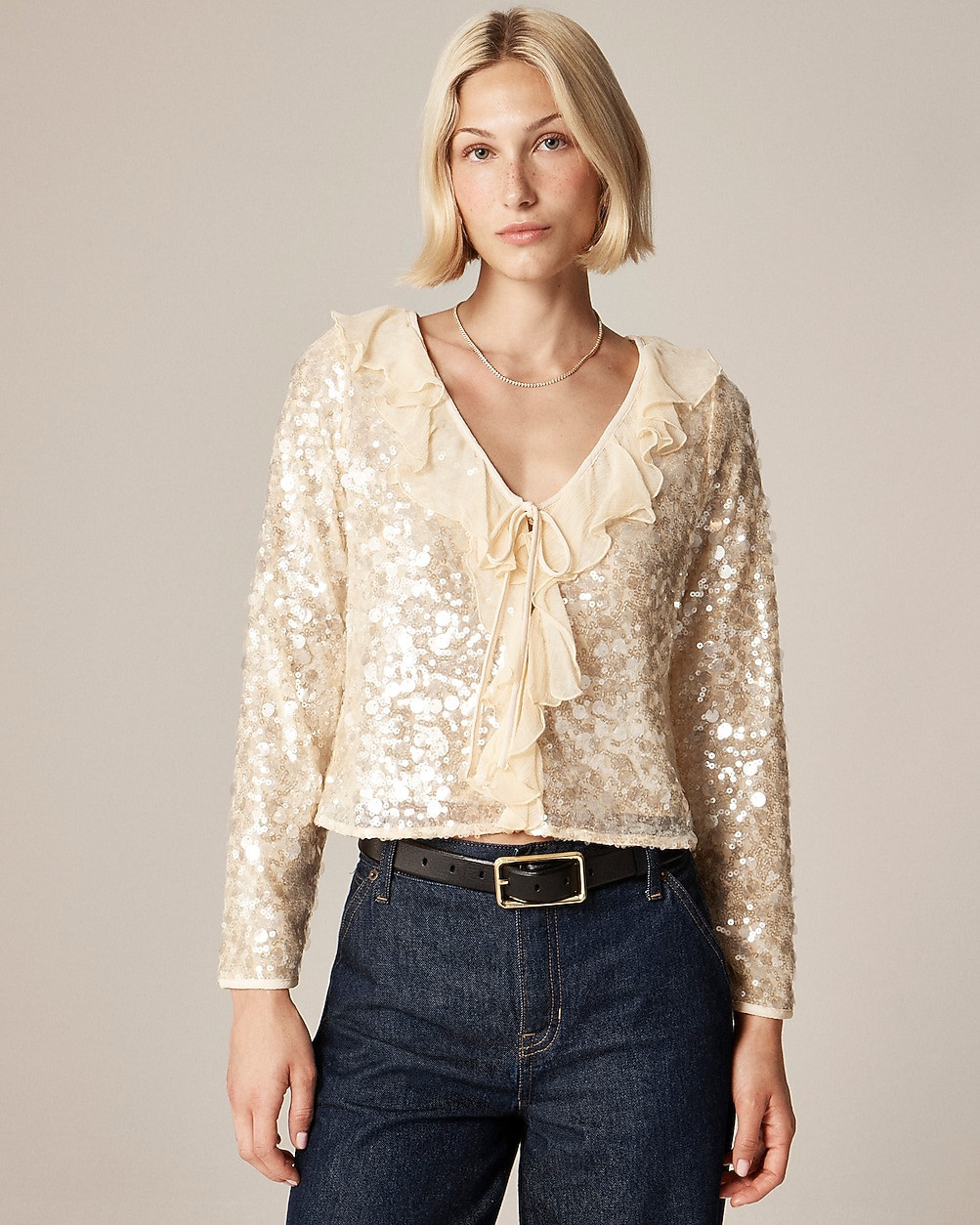 Sequin ruffle-trim shirt with ties | J. Crew US