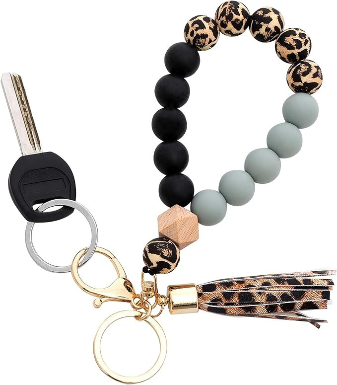 Silicone Key Ring Bracelet Wristlet Keychain Unique Beaded Bangle Key Chains for Women with Leath... | Amazon (US)