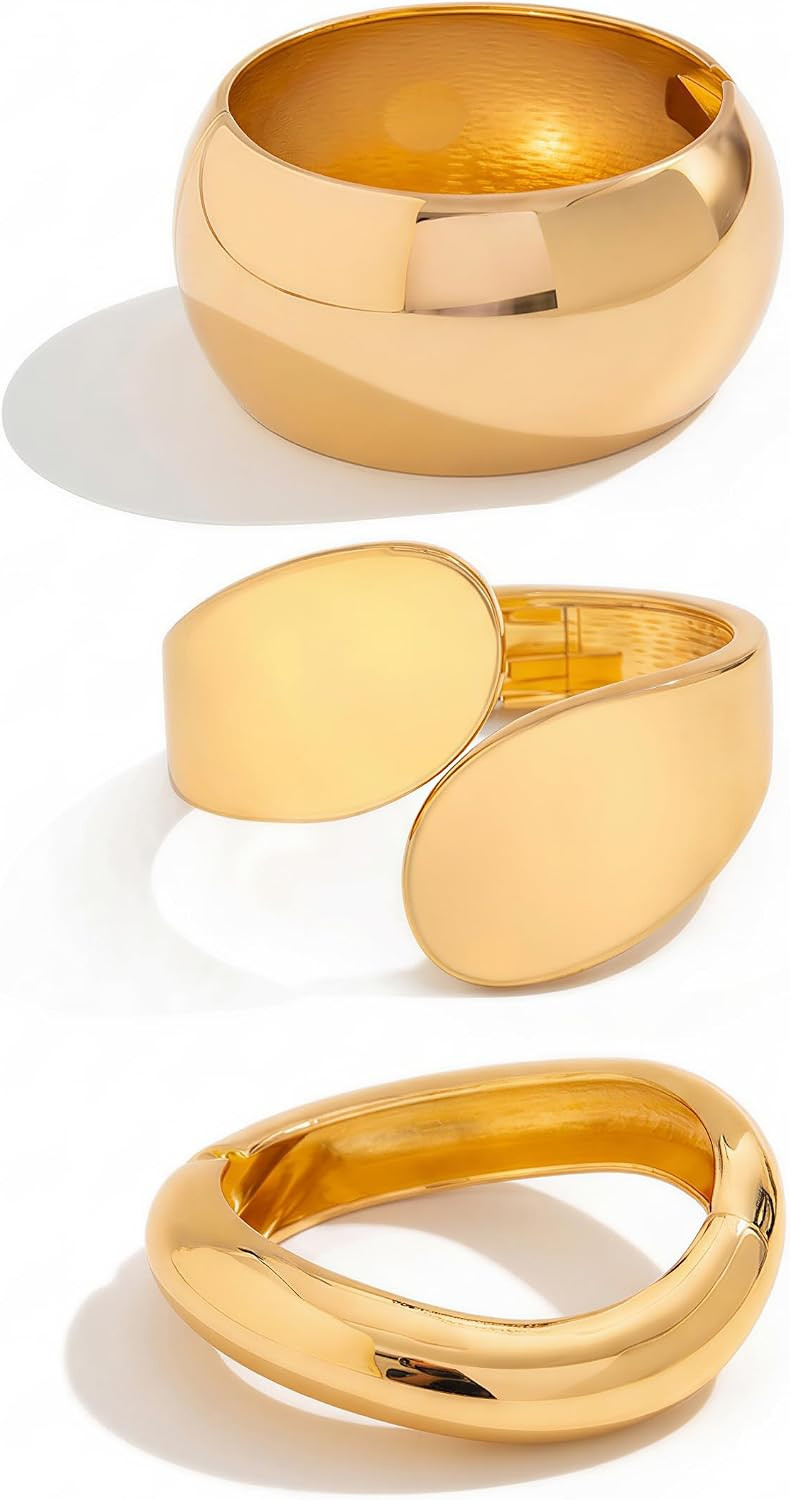 ALEXTINA Chunky Gold Bracelets Set for Women 18K Gold Plated High Shine Bracelets Minimalist Open Wide Cuff Bracelets Gold Cuff Bracelet Trendy Gold Bangle Bracelet | Amazon (US)