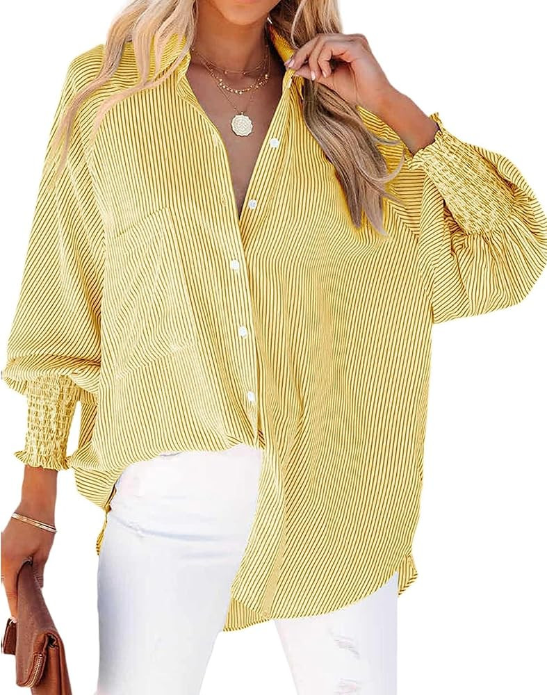 Womens Striped Button Down Shirts Smocked Puff Sleeve Boyfriend Blouse Collar Oversized Work Tops... | Amazon (US)