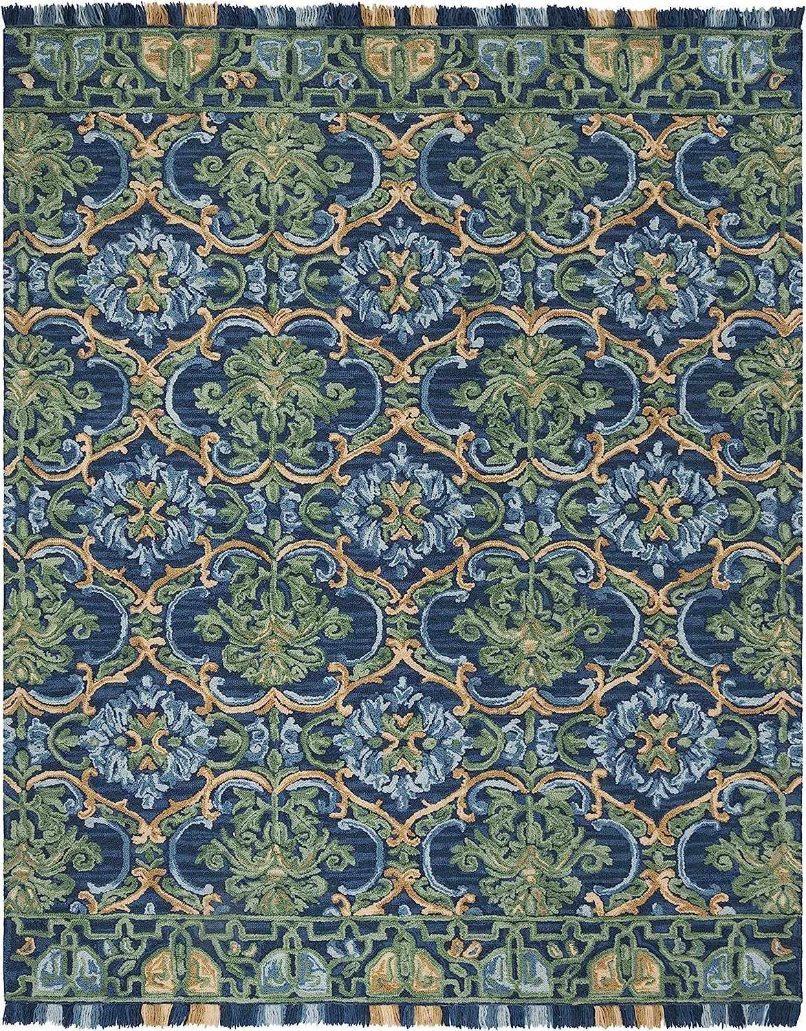 Safavieh Blossom Collection BLM422A Handmade Fringe Premium Wool Area Rug, 8' x 10', Navy / Green | Amazon (US)