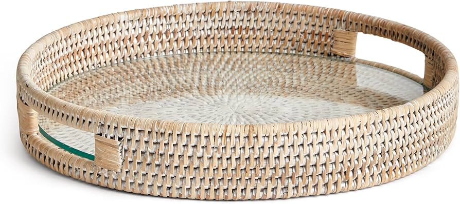 Napa Home & Garden 12.75" Burma Rattan Whitewash Round Serving Tray Bread Basket Fruit Baskets Wi... | Amazon (US)