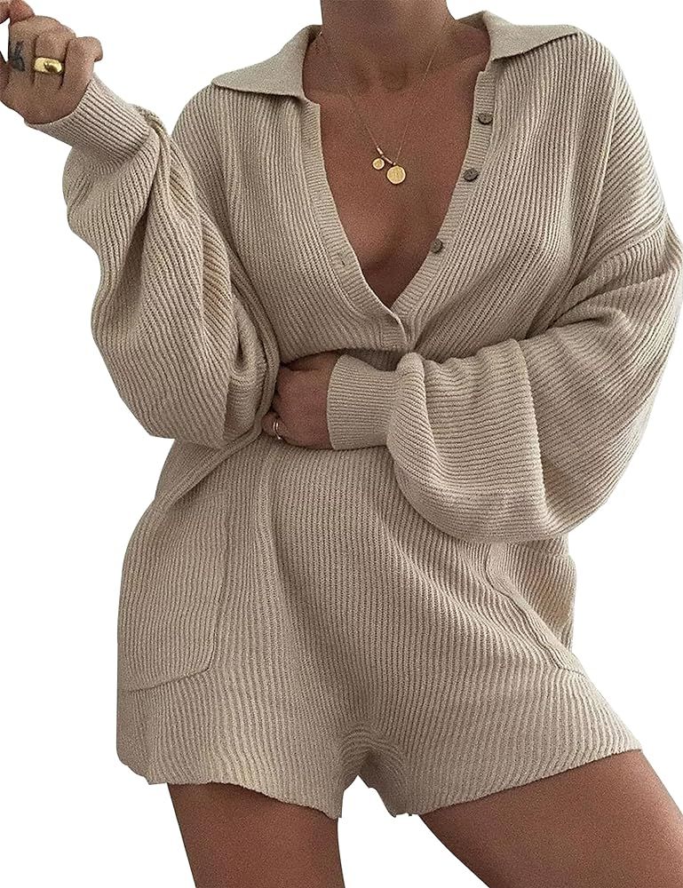 Labolliy Women Long Sleeve Knit Sweater Rompers V Neck Button Down Lounge Wear with Pockets | Amazon (US)