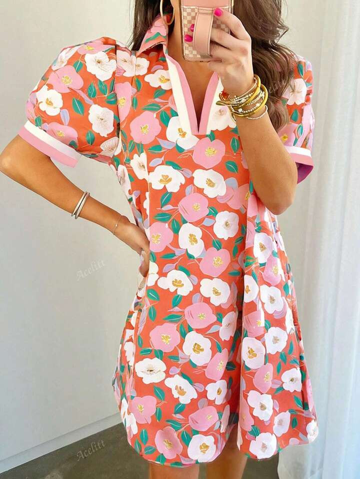 Acelitt Summer Multicolored Plant Flower Print Contrasting Lapel Short Sleeved Dress For Vacation And Leisure | SHEIN