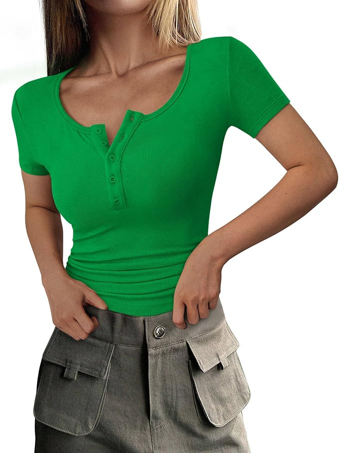 PRETTYGARDEN Women's 2026 Fall Summer Short Sleeve Tops Ribbed Henley Button Slim Fit Basic Casua... | Amazon (US)