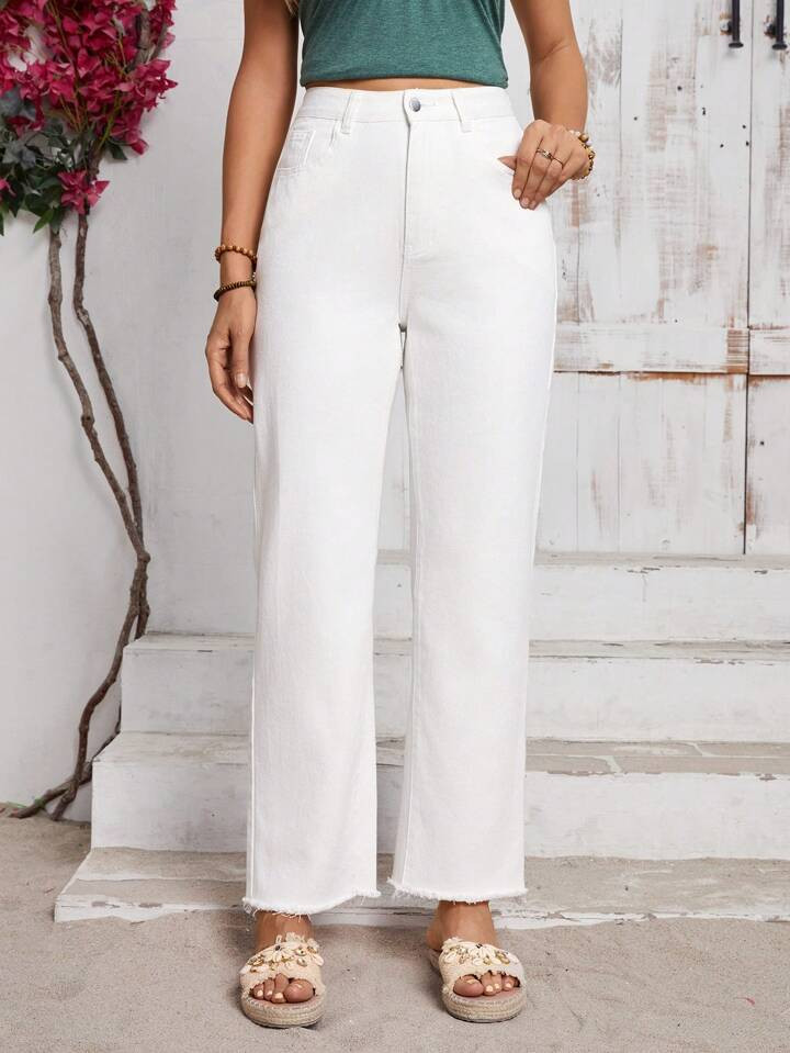 SHEIN Tall Ladies' Solid Color Zipper Fly Denim Jeans With Fringe Edge | SHEIN
