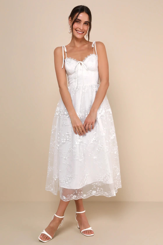 Serene Perfection White Mesh Embroidered Tie-Strap Midi Dress | Lulus