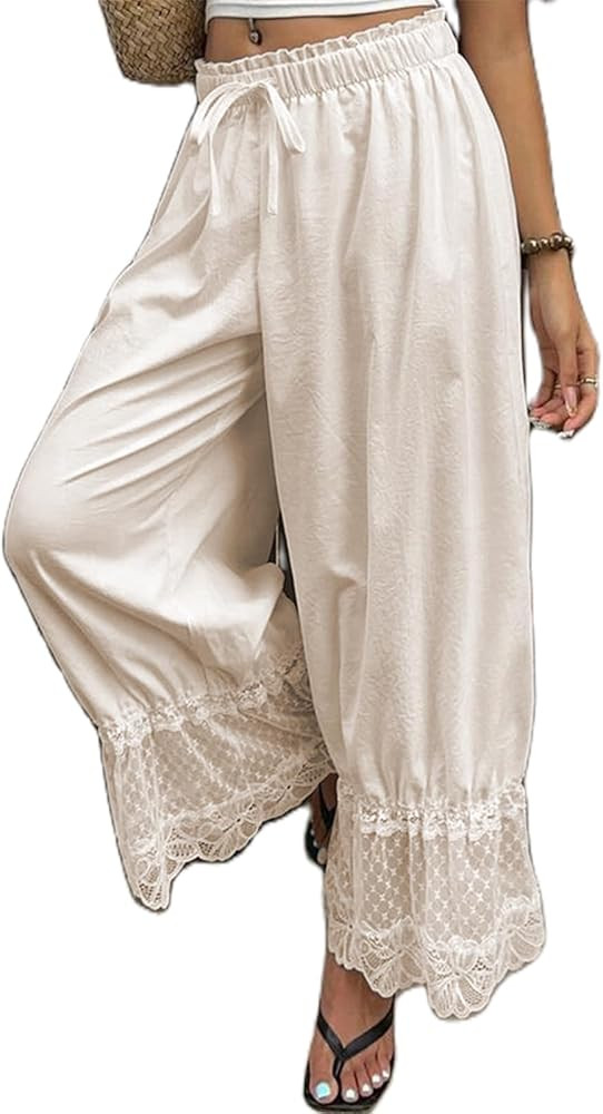 Womens Y2K Lace Trim Hem Long Bloomers Elastic Mid Rise Ruffle Pantaloons Cropped Flared Slips Pa... | Amazon (US)