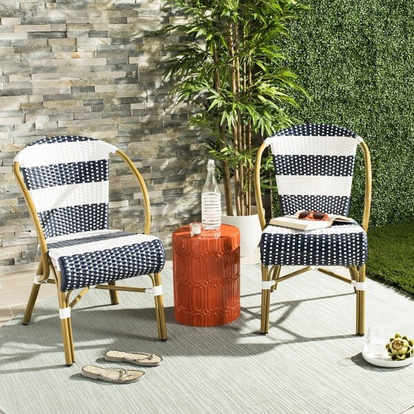 Safavieh Sarita Striped French Bistro Stacking Navy/ White Side Chair (Set of 2) | Bed Bath & Beyond