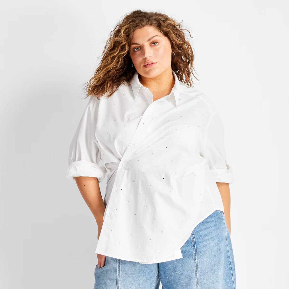 Women's Long Sleeve Collared Embellished Asymmetrical Button-Down Shirt - Future Collective | Target